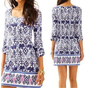 Lilly Pulitzer Ocean Ridge Ikat Elephant Print 3/4 Sleeve Cotton Dress M